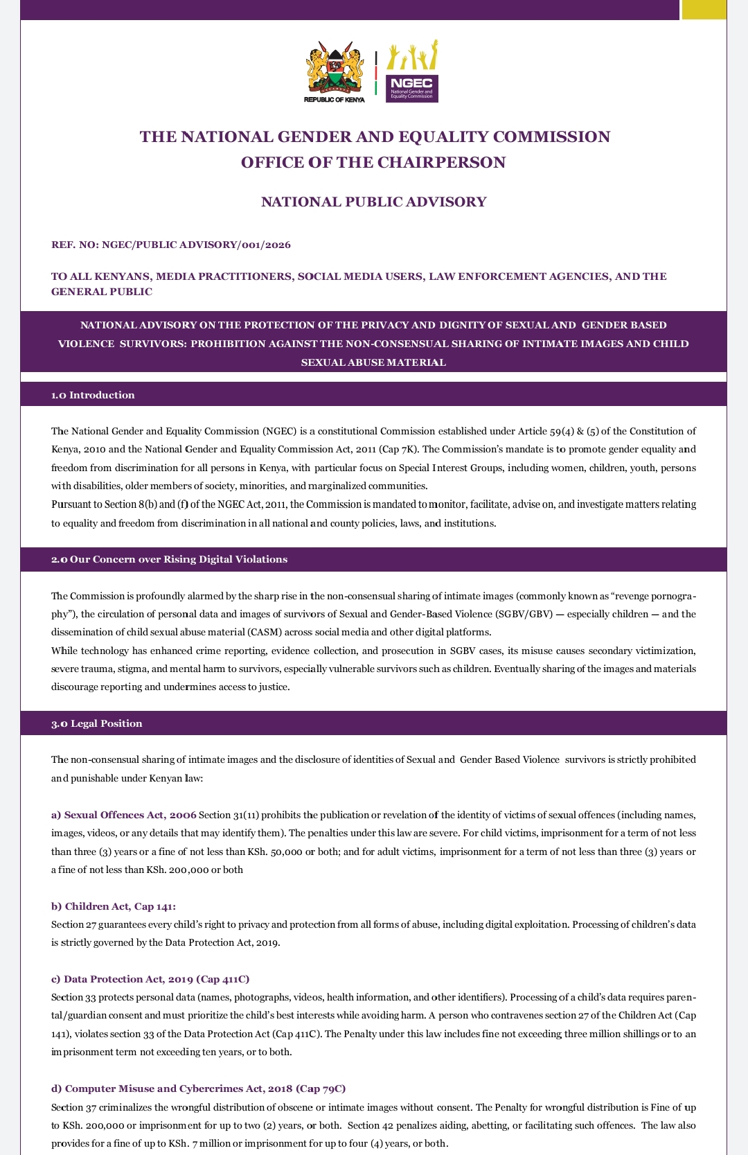 NATIONAL ADVISORY ON THE PROTECTION OF THE PRIVACY AND DIGNITY OF SEXUAL AND GENDER BASED VIOLENCE SURVIVORS